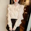 البلوزات النسائية الحلوة V-neck Ruffles Lace Up Bow Chiffon Blouse Clothing 2023 Autumn Winter Pullovers قميص أنيق