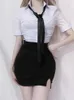 Vestidos de trabalho saias elegantes conjunto de corte baixo sexy ol uniforme camisa branca blusa feminina fina manga curta top mini cosplay y736