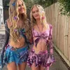 Arbetsklänningar kvinnor mesh fjäril 3 stycken set bandage camis oregelbundna kjol flares hylsa skörd topp tie dye rave party outfits sommardräkt