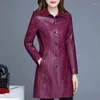 Kvinnors läder koreansk version höst vinter långa lapels smala pu vindbrytare tillägg bomull tjock varm ytterkläder 76