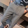 Garnitury męskie w stylu Brytyjski jesienny pasek mody kratowy garnitur pant men high talia projekt Slim Fit Office Spodnie