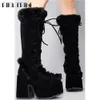 Boots Ribetrini Punk Goth Women Boots Fur Halloween Cosplay chunky Block Heel Platform Shoes Knee Designer Party Warm Boots 231101