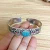 Bangle BR488 Ethnic Tibetan Silver Inlaid Turquoises Stone Filigree 14mm Open Back Women