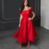 Party Dresses Classic Short Red Tulle Evening Dresse A-Line Satin Off Shoulder Length Prom Formal Dress With Train For Women