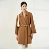 Women's Wool Blends 100% Wool Coat Women Winter Mid length Camel Loose Wool Coat Female Autumn White Lacing Casual Coat Fashion Coat NN502 231101