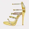 Sandaler Golden Metallic Leather Gladiator Heel Strappy Bling Crystal Bowtie Knot Cover Heels Women Cage Shoes Hollow