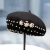 Berets Winter Solid Color Woolen Pearl Rhinestone Beret For Women's Warm Brimless Pee Pumpkin Hat French Artist Female Painter Caps