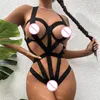 BHs Sets Sexy Frau Dessous Set Verband aushöhlen Unterwäsche Sinnliche einfarbige exotische mit Metallkette Riemchen Bodysuit für Dame