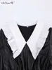 Mnealways18 Patchwork Kvinnor Läderklänningar med Peter Pan -krage Hög midja våren 2023 Dress Elegant Ladies Black Dress Frill