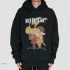 RHUDEグレープフィギュアプリントハイストリートファッションブランドルーズフード付き秋と冬のセーター男性カップルPulloverp8rp