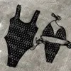 Strass lettre Bikini ensemble Sexy dos nu une pièce maillots de bain femmes trois points string Biquinis Push Up Pad maillot de bain