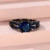 Anéis de casamento Mens Royal Blue Stone Round Bands Black Gold Color Vintage Zircon Promise Engagement para Homens Mulheres Festa Jóias