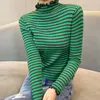 Damestruien HELIAR Dames Gestreepte Ruches Zoete Trui Lange mouw Mock Neck Warm Casual Kantoortruien Voor 2023 Herfst Winter