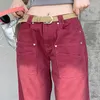 Boyfriend Style Streetwear Baggy Jeans Women Denim Trousers High Waist Vintage Washed Distressed Wide Leg Mopping Red Pants