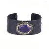 Bracelet Pave Strass Ovale Bleu Foncé Lapis Lazuli Pierre Perle Charme Redimensionnable Cuir Noir Large Enveloppé Manchette Ouverte Pour Les Femmes