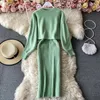 Work Dresses Women Sweet Knit Two Pieces Sets Vintage Long Bat-wing Sleeve Sweater Pullover Elastic Bodycone Sundress Set Autumn Winter