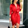 Casual Dresses Autumn Women Professional Dress V-ringen Långärmad solid Bandage Shirt Party Elegant Satin Sundress Bodycon