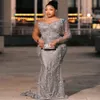 2023 Arabisch Aso Ebi Silber Meerjungfrau Abendkleid Perlen Abendkleider Pailletten Spitze Geburtstag Verlobung Zweites Kleid Kleid Frauen Formelle Kleidung WD014