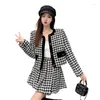 Vestido de duas peças outono mil pássaros checker casaco de lã conjunto de manga comprida cardigan top cintura alta saia plissada 2023 moda feminina vintage