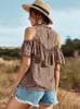 Camicette da donna Camicetta estiva da donna con spalle scoperte manica corta con volant design T-shirt mezza dolcevita con stampa leopardata