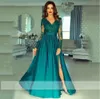 New Evening Dresses Formal Prom Party Gown A Line V-Neck Long Sleeve Floor-Length Sweep Train Applique Lace Satin long Split Illusion