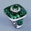 Anneaux de mariage dominant Version large émail vert pour les femmes couleur argent étincelant Zircon fête Cocktail doigt bijoux