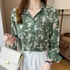 Bluzki damskie Chikimi Green Shirt Women 2023 Autumn Style elegancki i modny nadrukowany bluzka z długim rękawem