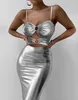 Casual Dresses Fashion 2023 Summer Sexig ärmlös ihålig O-ringdekor Ruched Metallic Bodycon Dress