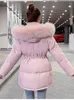 Trenchs de femmes manteaux d'hiver mince rose manteau rembourré col en fausse fourrure à capuche Parkas coréen grande taille coton Jaqueta taille cordon de serrage longueur midi