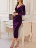 Robe mi-longue noire en velours pour femmes, moulante, manches longues, froncée, coupe cintrée, tenue de soirée, Clubwear, automne 2023