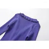 Malhas femininas YENKYE Mulheres Moda V Neck Lace Trim Roxo Long Knit Cardigan Outono Outerwear