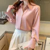 Women's Blouses Satin Green Shirts Women Turn-Down Long Sleeve Elegant Office Ladies Pink Blouse Single-Breasted Button Up Tops Blusa