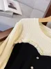 Abiti casual 2023 Nero Patchwork Bianco Pullover lavorato a maglia Donna Elegante Chic Abito maglione increspato Autunno Inverno Coreano Aderente