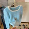 Women's Sweaters Blue Mohair Knitted Sweater Tops Women 2023 Autumn Square Collar Long Sleeve Pullovers Elegant Fashion Chic Ladies Jumpers