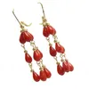 Dangle Earrings Genuine Natural Red Coral 14K Gold Hoop FOOL'S DAY Beautiful Aquaculture Jewelry Party Diy Cultured