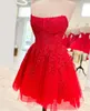 Elegantes, kurzes, rotes, trägerloses Spitzen-Abiballkleid, A-Linie, fuchsiafarbenes, knielanges Tüll-Abschlussball-Partykleid mit überkreuztem Rücken für Mädchen