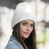 Bonnet/crâne casquettes simple fille fourrure de lapin tricoté chapeau pour femmes hiver Skullies bonnet chaud laine casquette Gorros femme casquette 231102