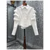 Dames wit kleur turn-down kraag gedrapeerd lange mouwen geplooid hoge taille kort shirt SMLXL