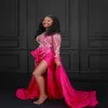 2023 Arabe Aso Ebi Sirène Fuchsia Robe De Bal Haute Split Perles Robes De Soirée Satin Anniversaire Fiançailles Deuxième Robe Robe Femmes Vêtements De Cérémonie WD006