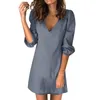 Casual Dresses Womens V Neck Three Quarters Sleeve Elastic Cuff Mini Dress Solid Color Robe Femme Vestido Feminino Dropshiping