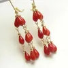 Dangle Earrings Genuine Natural Red Coral 14K Gold Hoop FOOL'S DAY Beautiful Aquaculture Jewelry Party Diy Cultured