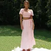 Vestidos de trabalho Ardm Elegante Pescoço Quadrado Plissado Elástico Laranja Cintura Alta Dividir Boho Saia Conjunto de Manga Curta Verão Duas Peças Mulheres