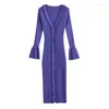 Malhas femininas YENKYE Mulheres Moda V Neck Lace Trim Roxo Long Knit Cardigan Outono Outerwear