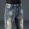 Мужские джинсы стрейч ретро джинсовая мода брендовые тонкие дырявые потертые брюки с вышивкой вечерние хип-хоп большие размеры мотоцикл