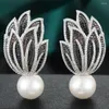 Studörhängen Godki Luxury Trendy Leaf Big Earring for Women Wedding Party Imitation Pearl Cubic Zirconia High Jewelry Addiction 2023