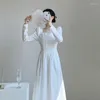 Vestidos casuais branco vestido de festa manga longa quadrado pescoço sólido estilo francês primavera coreano chique a-line 2023 roupas femininas