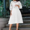 Plus Size Elegant spetsutskärning midiklänning Sexig rynkad midjeband A-linje aftonklänningar Casual Vestidos Mujer Primavera Verano