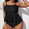 Mulheres Swimwear Verão Maiô Para Mulheres Dividir Maiô Preto Plissado Suspender Colete Tankini Duas Peças Set Plus Size Ternos Brasileiros