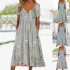 Summer Womens Clothing Casual Floral Dresses Button Round Neck Mid Length