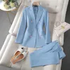 Kvinnors tvåstycksbyxor 2023 Blazers Women Office Pant Suits Korean Fashion Long Sleeve Double Breasted Slim Blazer Casual Blue 2
